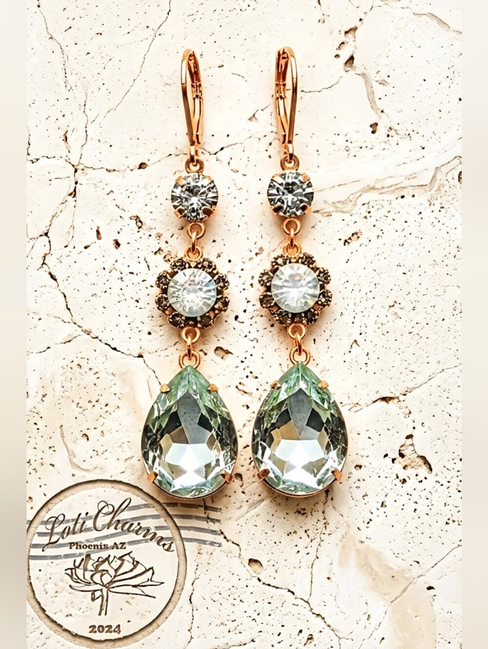 Victorian Seafoam Green / Pacific Opal Swarovski Crystal In Long GP Earrings